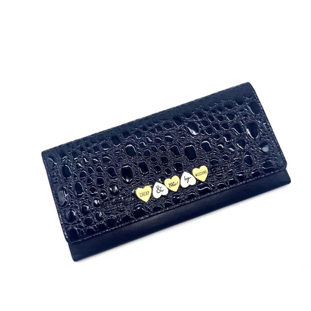 Moschino Cheap & Chic Embossed Leather Crocodile Heart Charm Wallet - Black